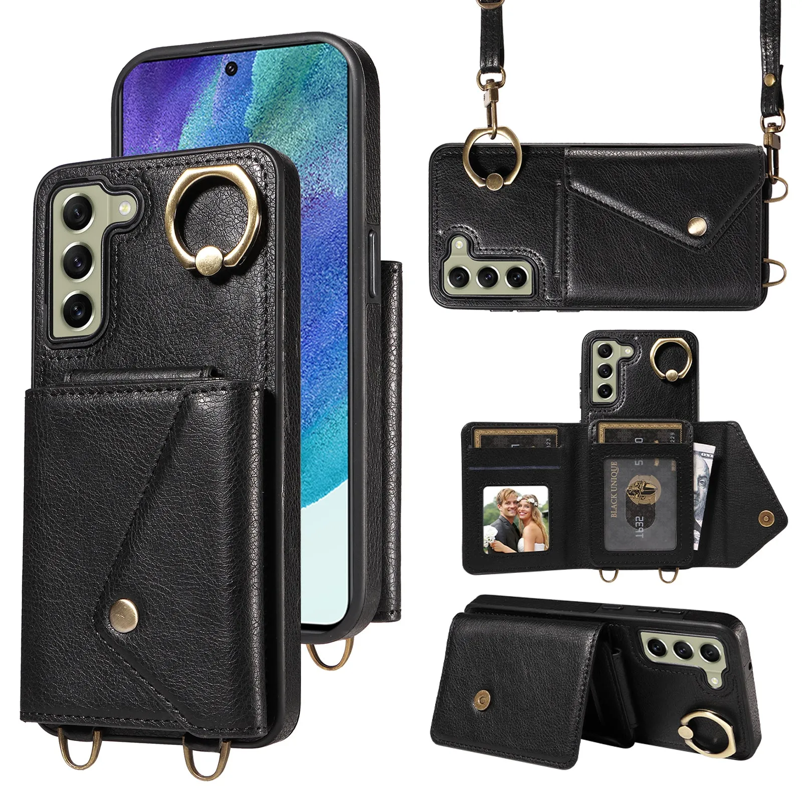 002 For Samsung Galaxy S21 FE 5G Card Bag Ring Kickstand Cover Litchi Texture Leather Coated TPU Anti-fall Phone Case with Shoulder Strap