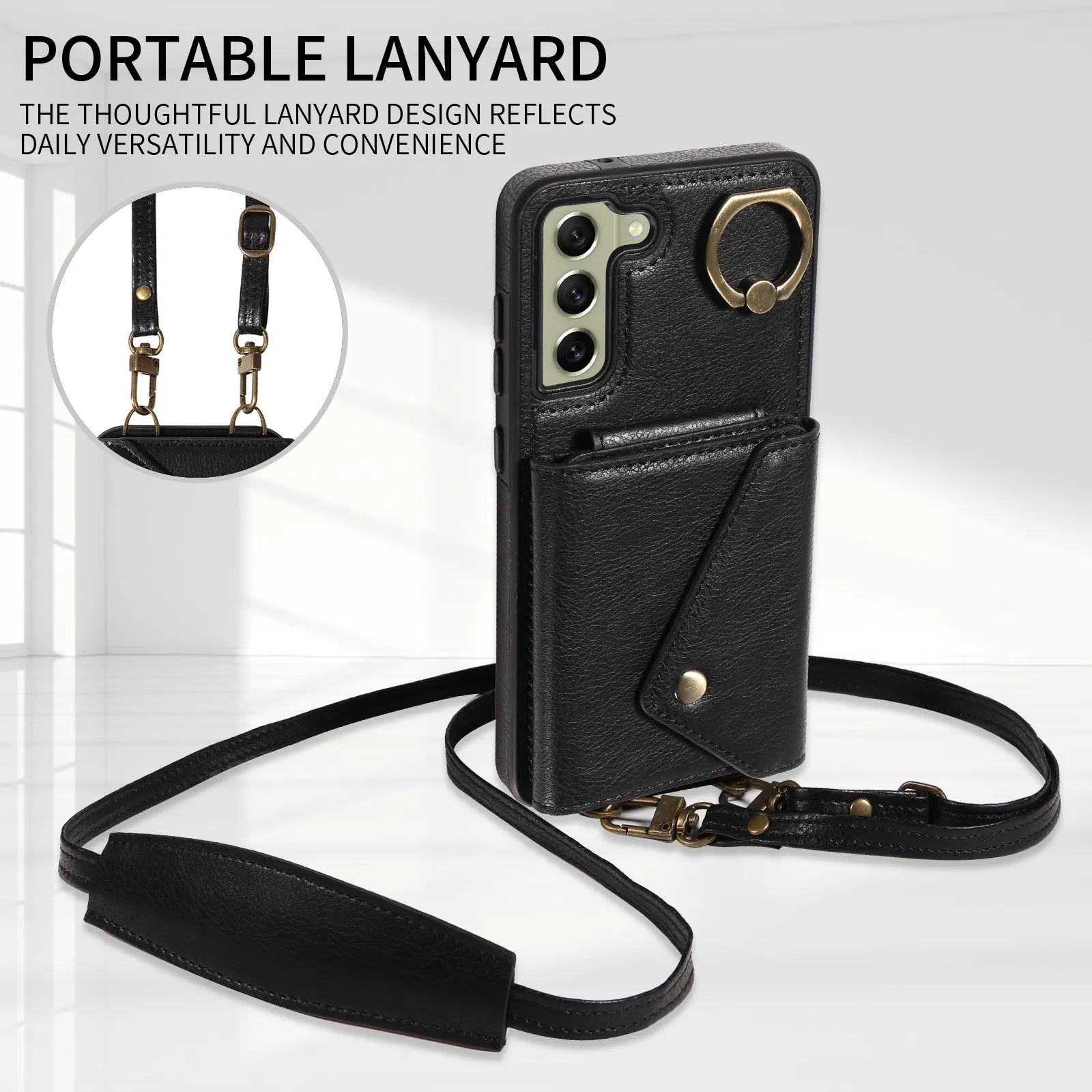 002 For Samsung Galaxy S21 FE 5G Card Bag Ring Kickstand Cover Litchi Texture Leather Coated TPU Anti-fall Phone Case with Shoulder Strap