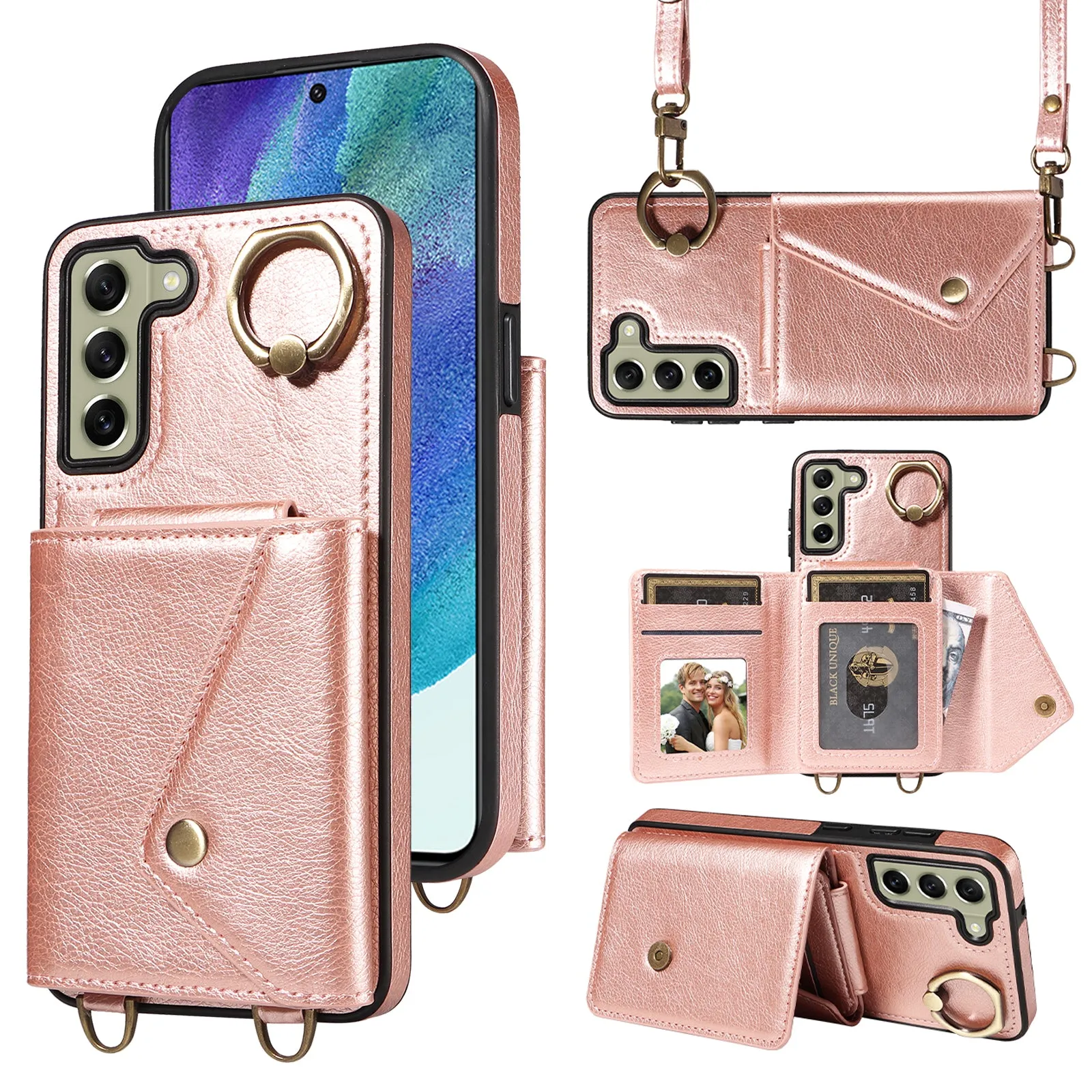 002 For Samsung Galaxy S21 FE 5G Card Bag Ring Kickstand Cover Litchi Texture Leather Coated TPU Anti-fall Phone Case with Shoulder Strap