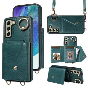 002 For Samsung Galaxy S21 FE 5G Card Bag Ring Kickstand Cover Litchi Texture Leather Coated TPU Anti-fall Phone Case with Shoulder Strap