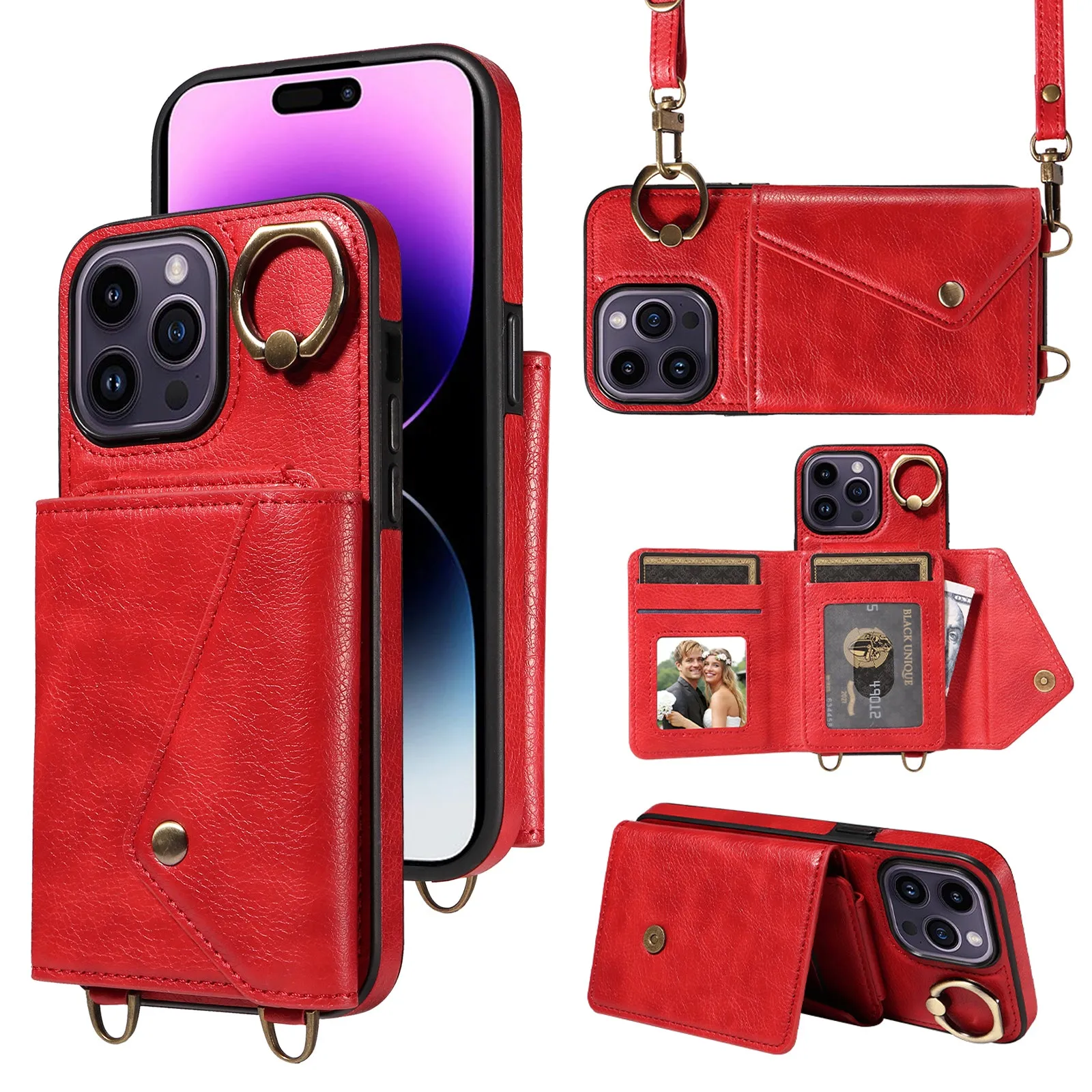 002 Well-protected Shell for iPhone 14 Pro Max , Ring Kickstand Litchi Texture Leather TPU Card Bag Phone Case with Shoulder Strap