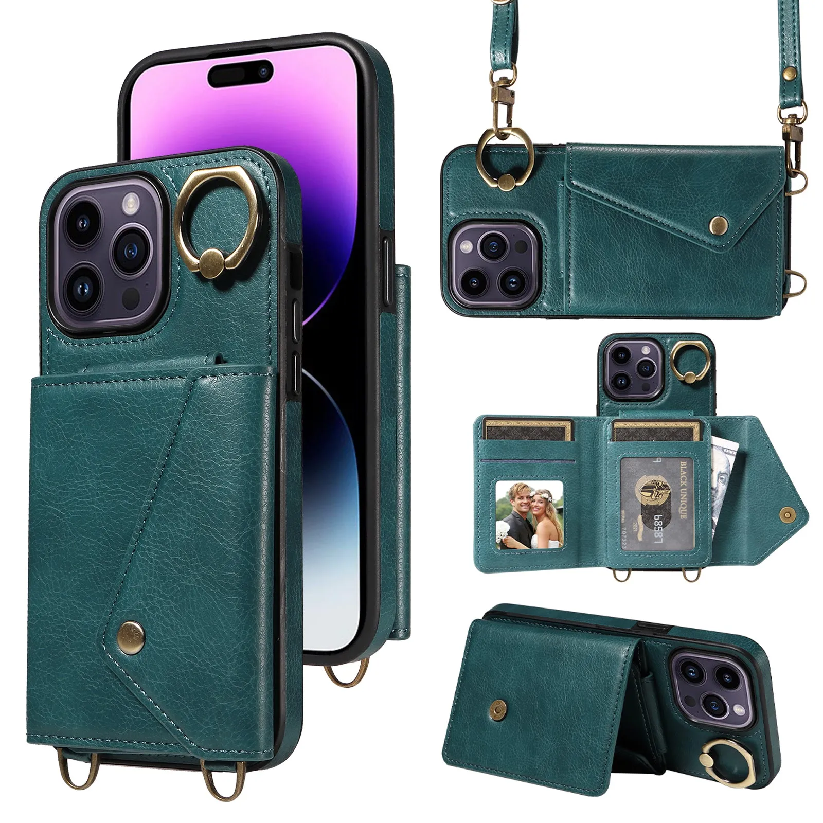 002 Well-protected Shell for iPhone 14 Pro Max , Ring Kickstand Litchi Texture Leather TPU Card Bag Phone Case with Shoulder Strap