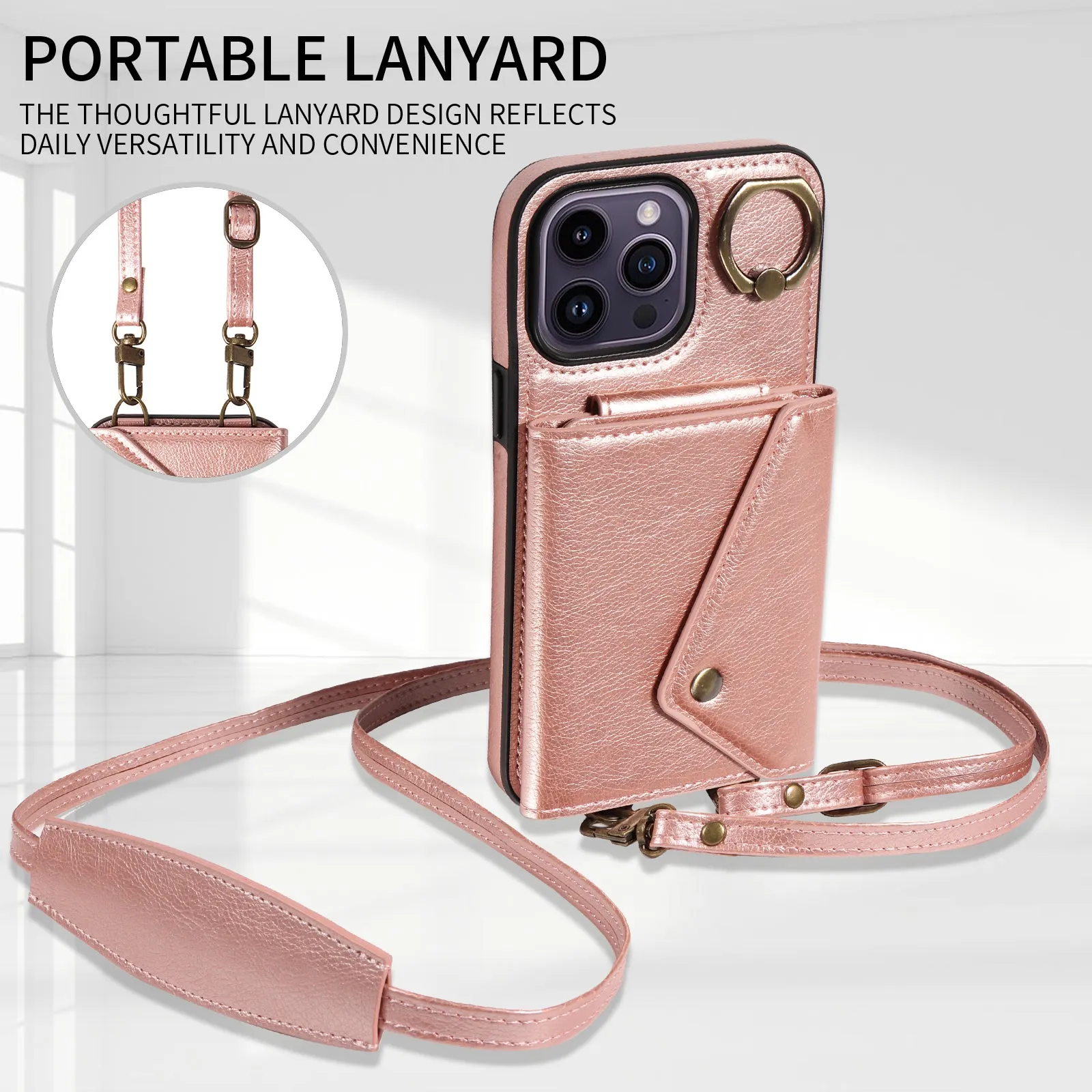 002 Well-protected Shell for iPhone 14 Pro Max , Ring Kickstand Litchi Texture Leather TPU Card Bag Phone Case with Shoulder Strap