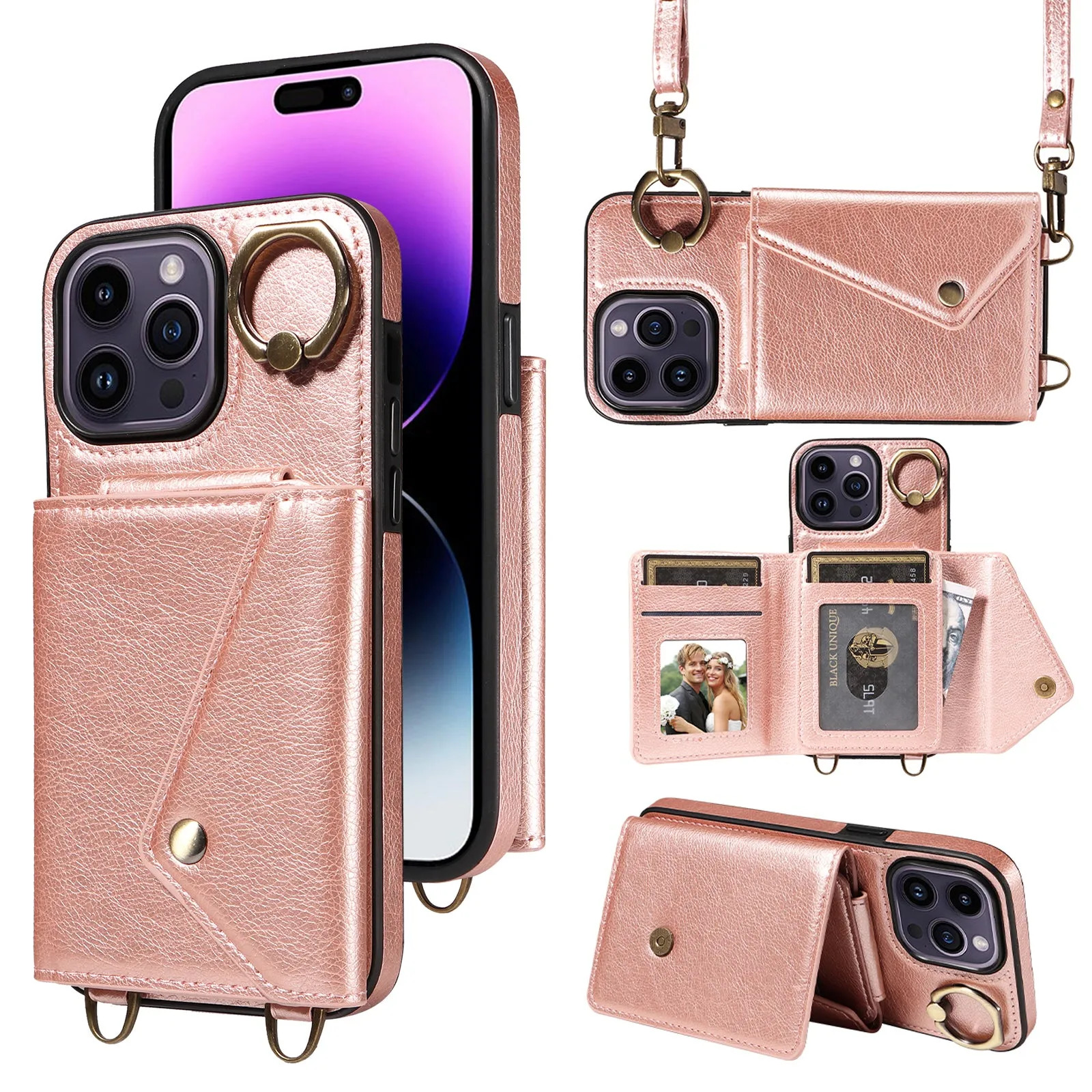 002 Well-protected Shell for iPhone 14 Pro Max , Ring Kickstand Litchi Texture Leather TPU Card Bag Phone Case with Shoulder Strap