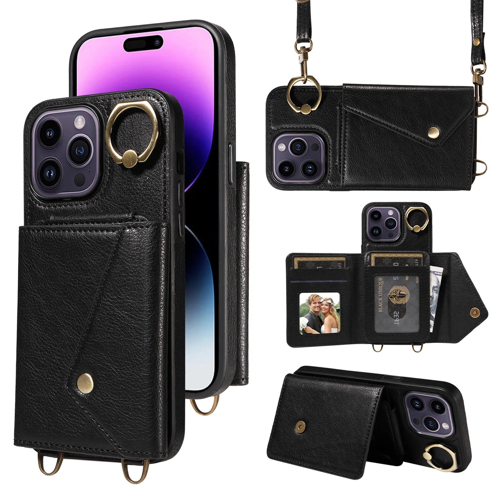 002 Well-protected Shell for iPhone 14 Pro Max , Ring Kickstand Litchi Texture Leather TPU Card Bag Phone Case with Shoulder Strap