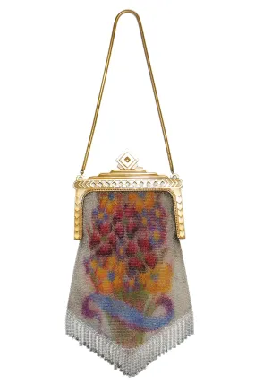 1920s Whiting & Davis Floral Enamel Dresden Mesh Evening Bag with Deco Clasp