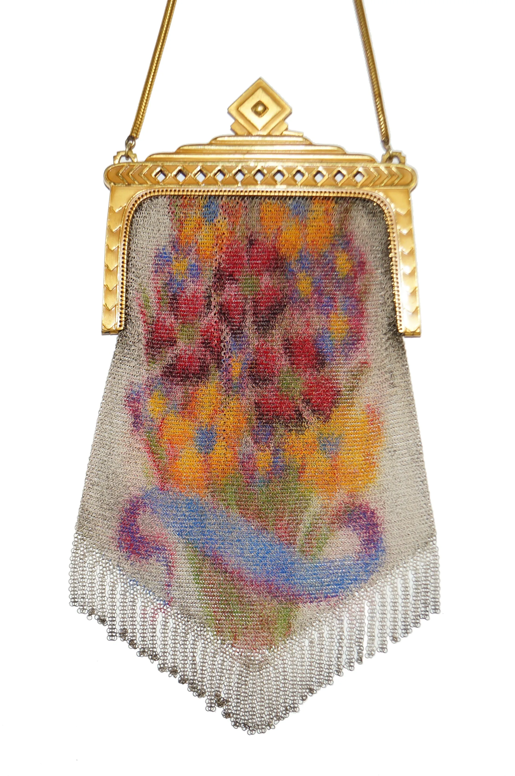 1920s Whiting & Davis Floral Enamel Dresden Mesh Evening Bag with Deco Clasp