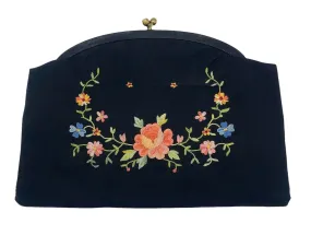 1950s Twifaille by Rosenfeld Black Satin Floral Hand Embroidered Clutch Purse