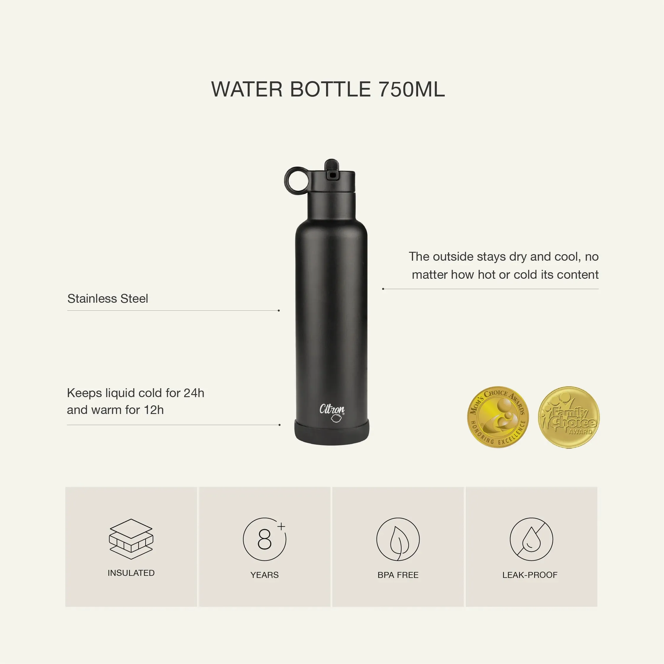 750ml Insulated Water Bottle Thunder Black