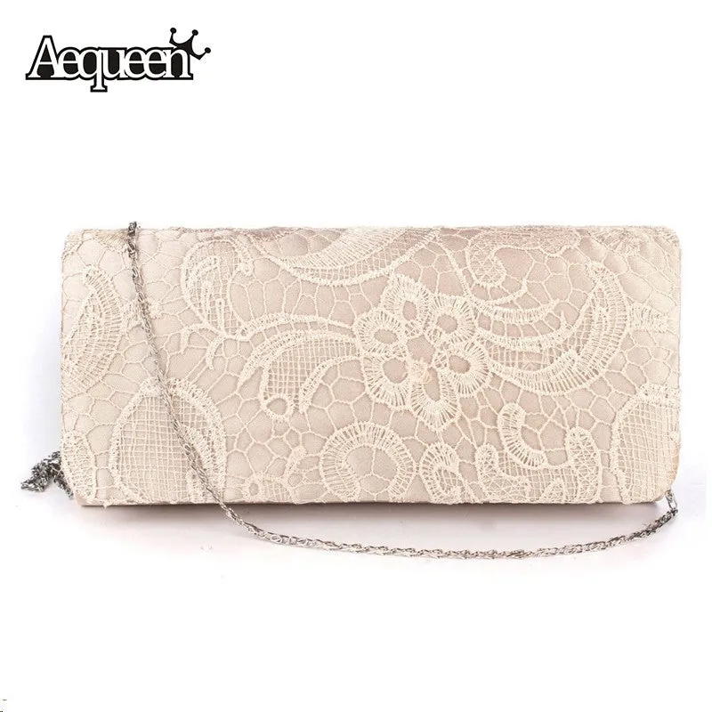 AEQUEEN Bridal Wedding Satin Evening Bags Lace Floral Day Pouch Clutches Women Messenger Shoulder Bag Purse Party Women Handbags