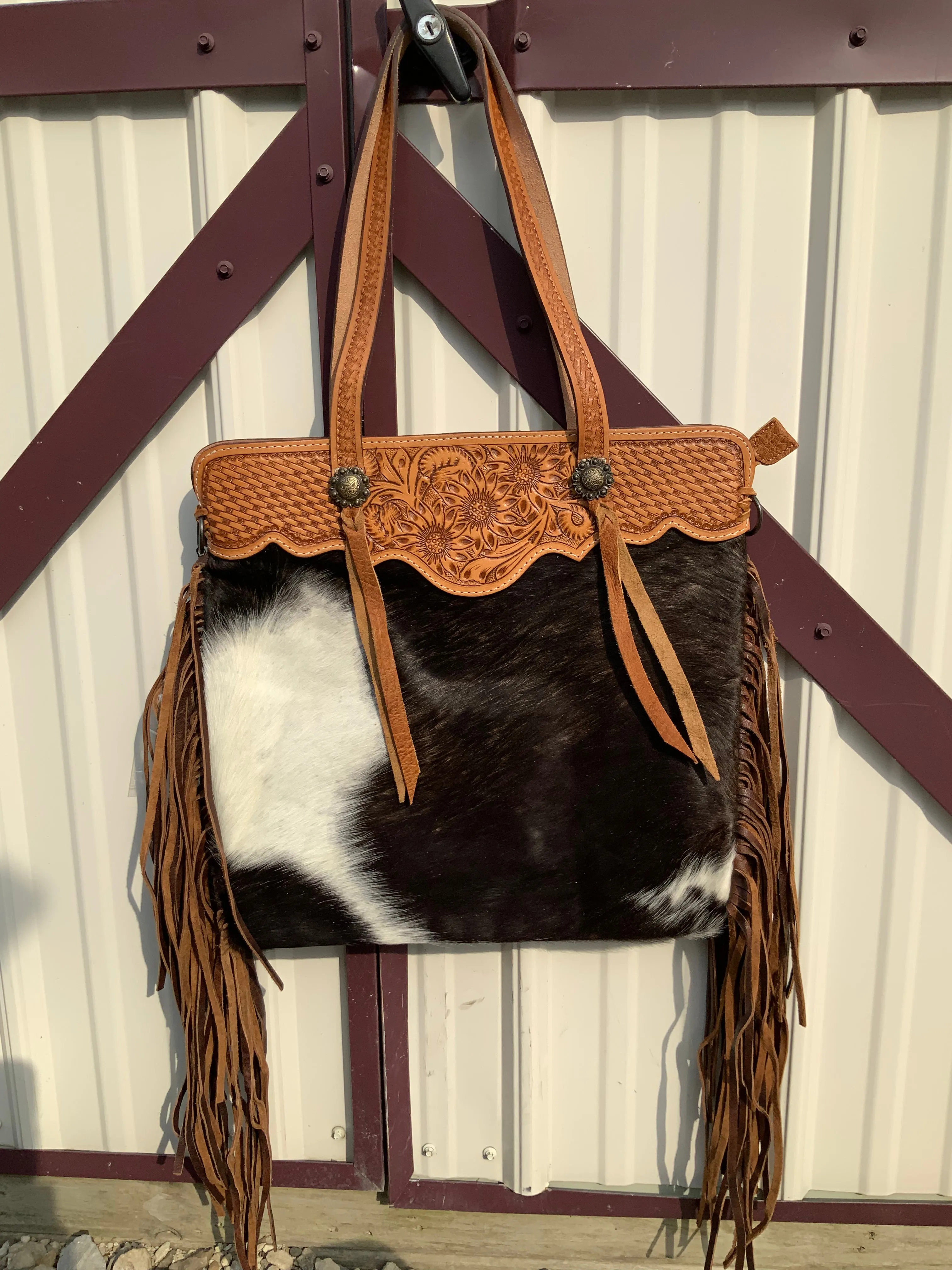 American Darling Cowhide w/ Tooled Trim & Brown Fringe Shoulder Bag ADBGS113BRW