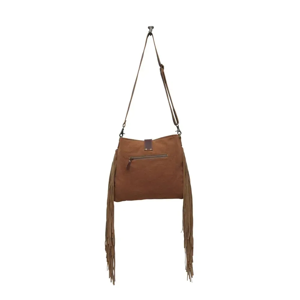 Barely Brown Leather & Canvas Fringe Bag