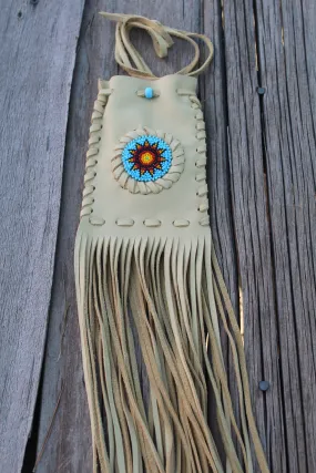 Beaded fringed medicine bag, beaded leather pouch