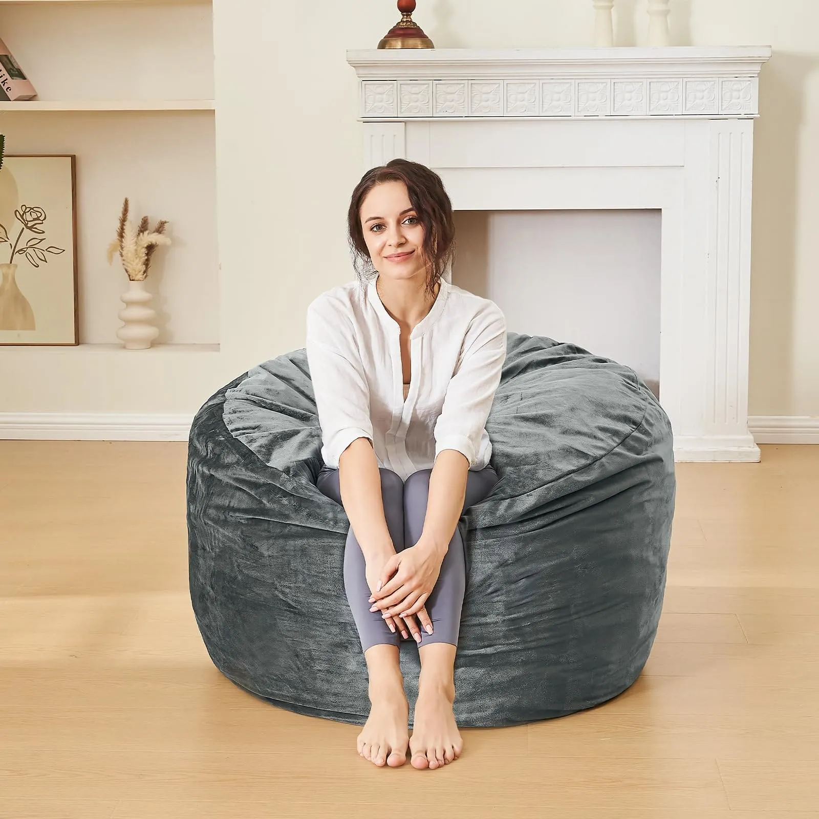 Bean Bag Chairs for Adults - 3' Memory Foam Furniture BeanBag Chair - Kids/Teens Sofa with Soft Micro Fiber Cover - Round Fluffy Couch for Living Room Bedroom College Dorm - 3 ft, Grey