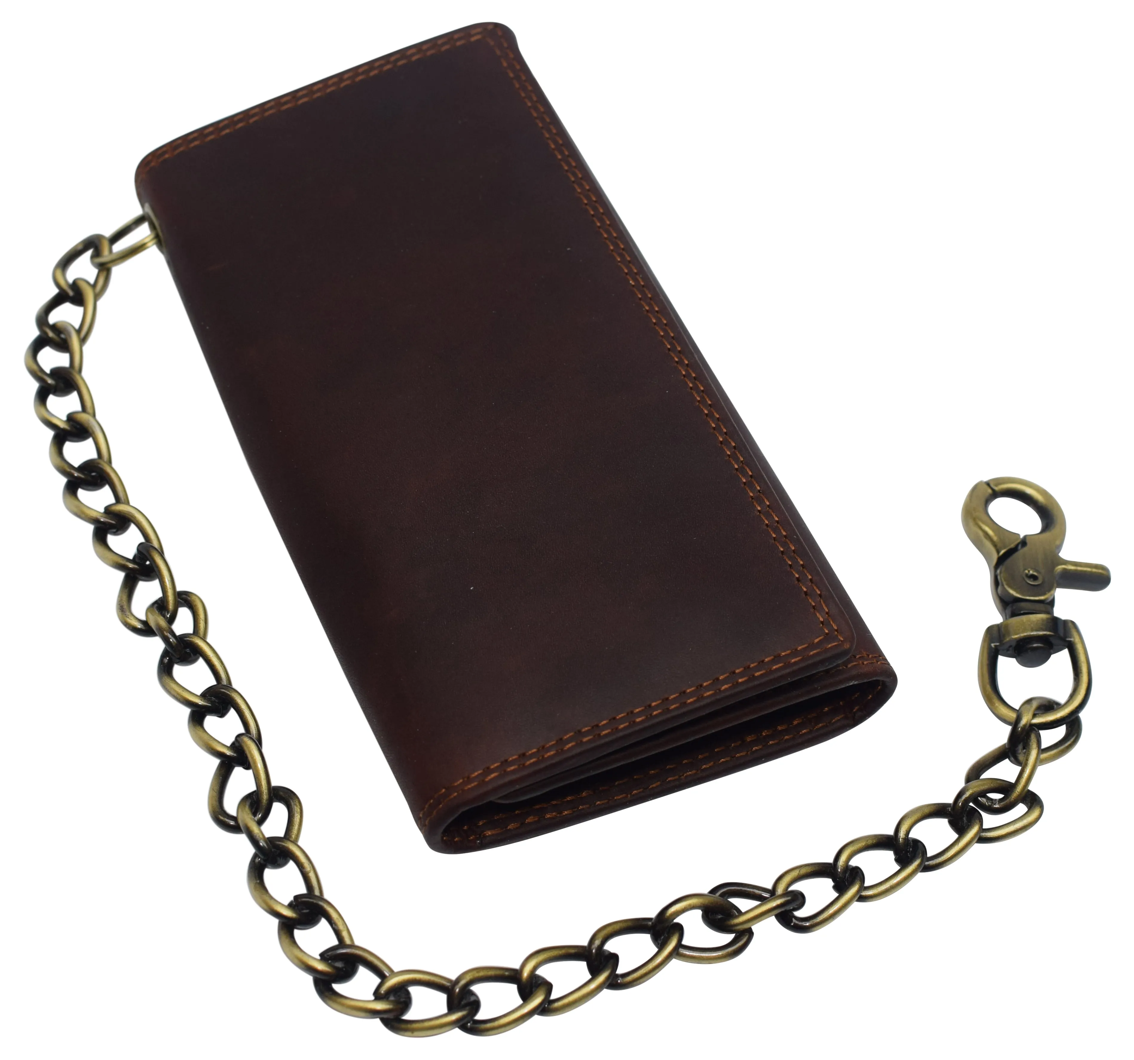 Bikers RFID safe Cow Leather Crazy Horse Brown Long Checkbook Trifold Chain Wallet for Men Vintage Texture style