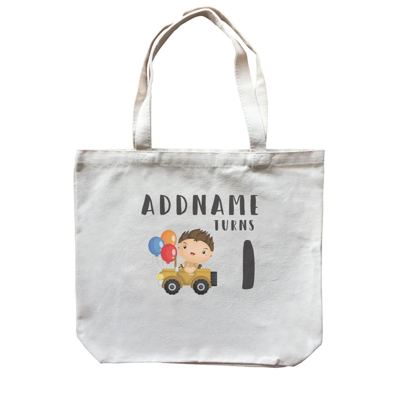 Birthday Safari Explorer Boy Driving Jeep Car Addname Turns 1 Canvas Bag