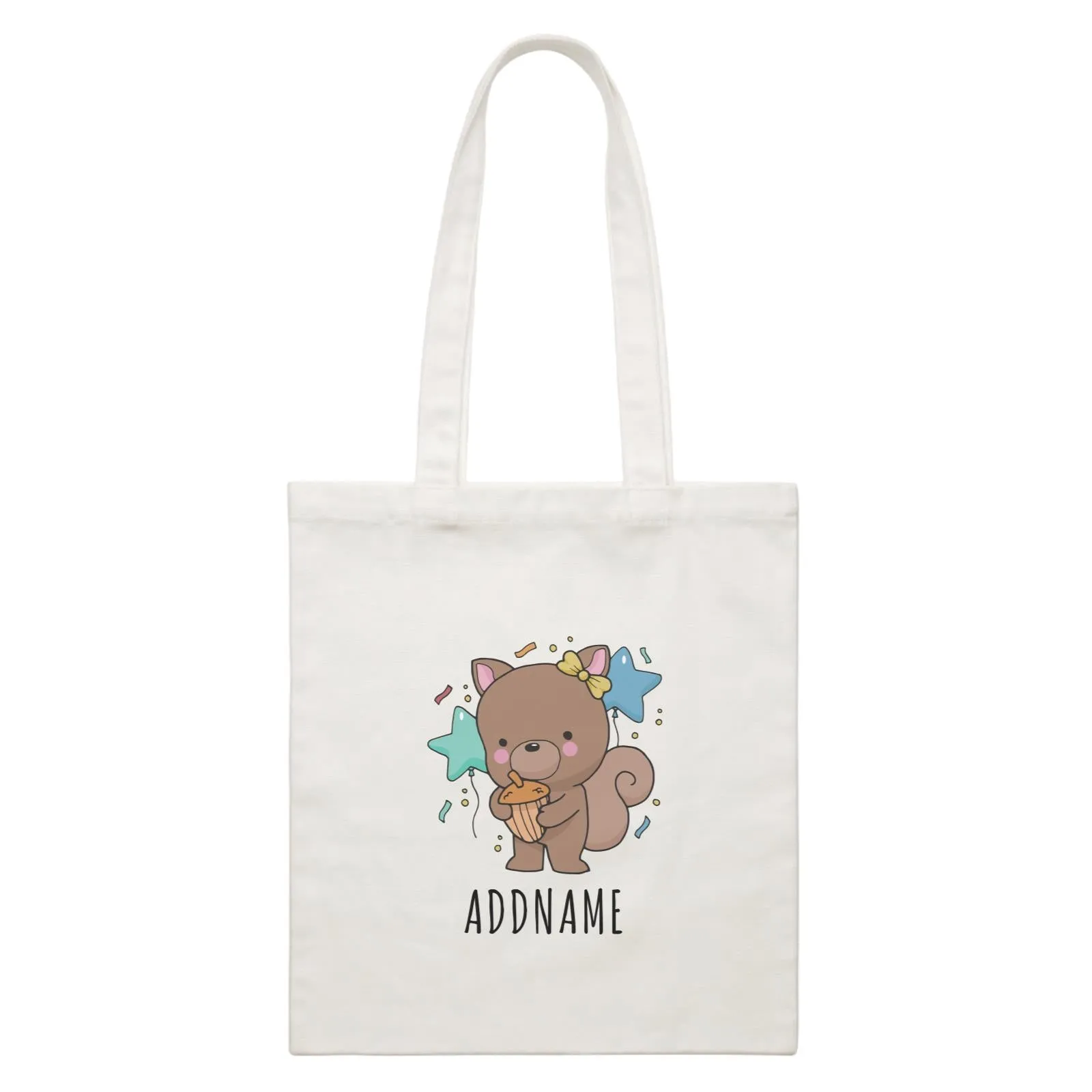 Birthday Sketch Animals Squirrel with Acorn Addname Turns 1 White Canvas Bag