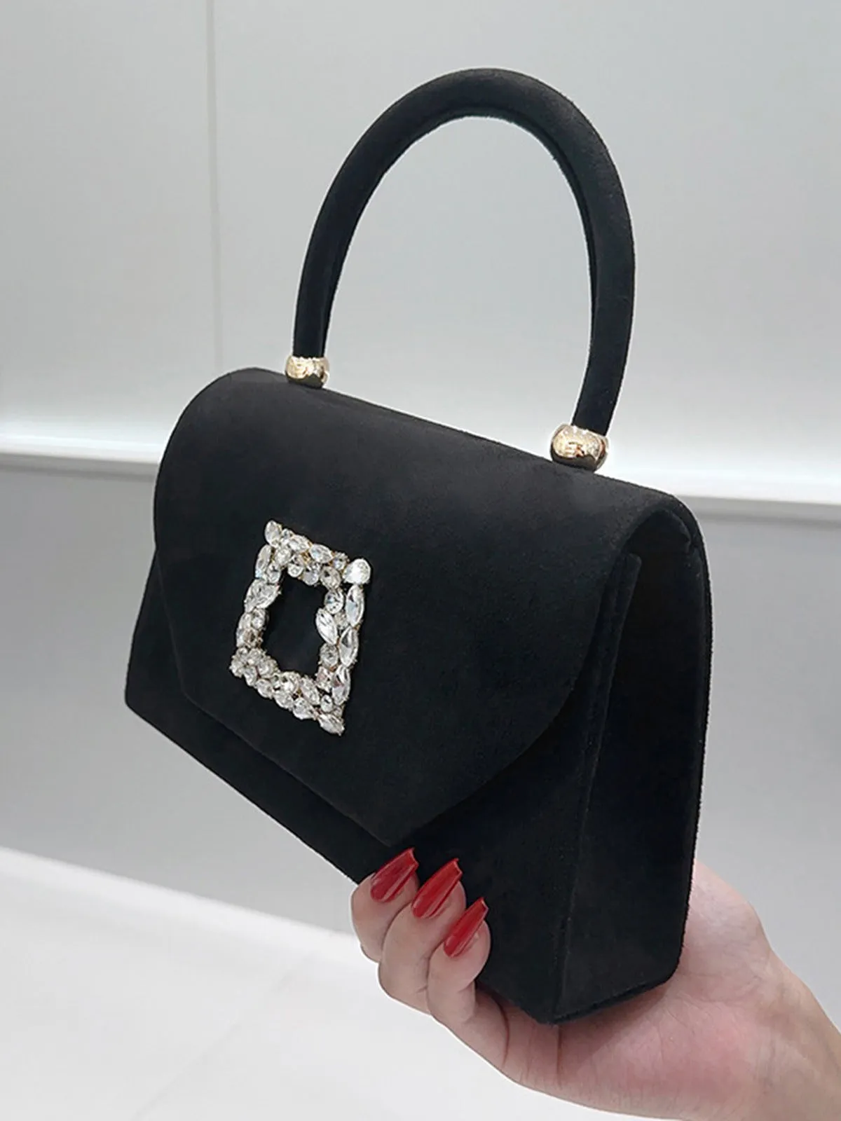 Black Top Handle Rhinestones Envelope Clutch Bag