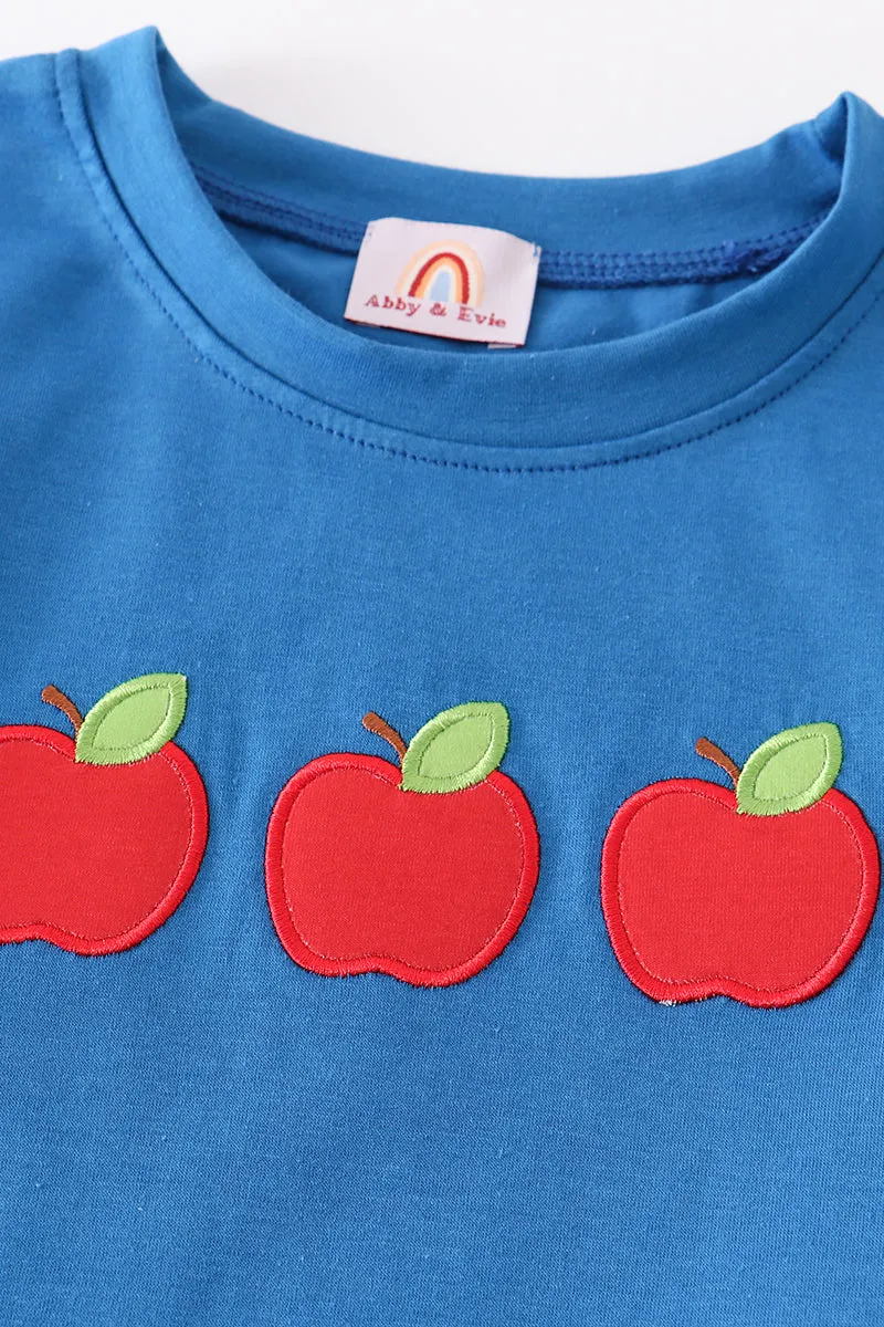 Blue apple applique back to school boy set