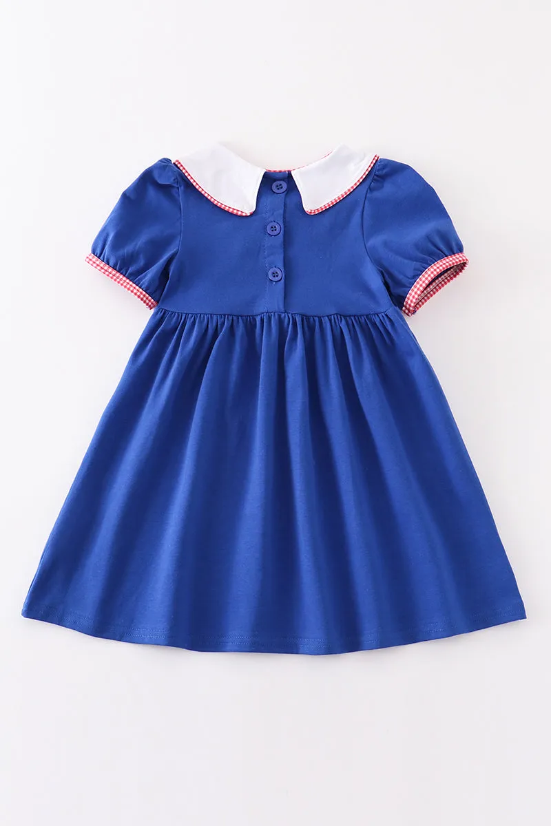 Blue bus embroidery back to school dress