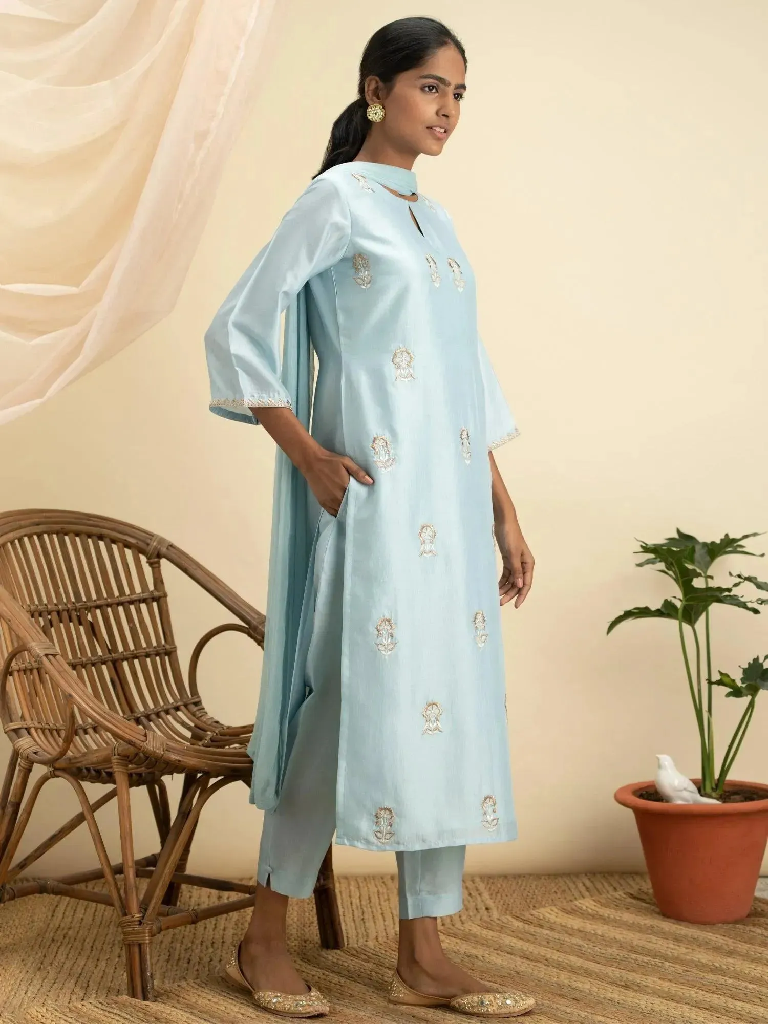 Blue Embroidered Silk Straight Kurta With Dupatta