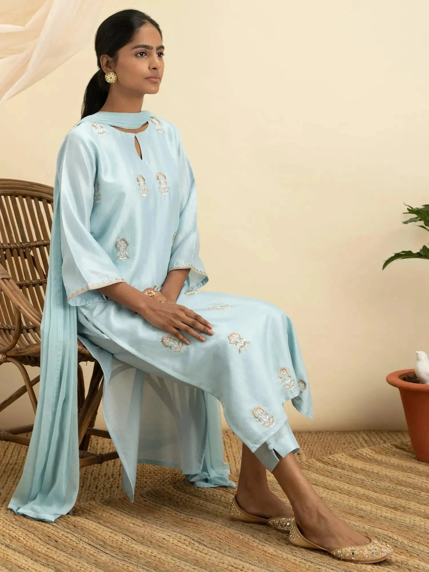 Blue Embroidered Silk Straight Kurta With Dupatta