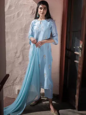 Blue Embroidered Silk Straight Kurta With Dupatta