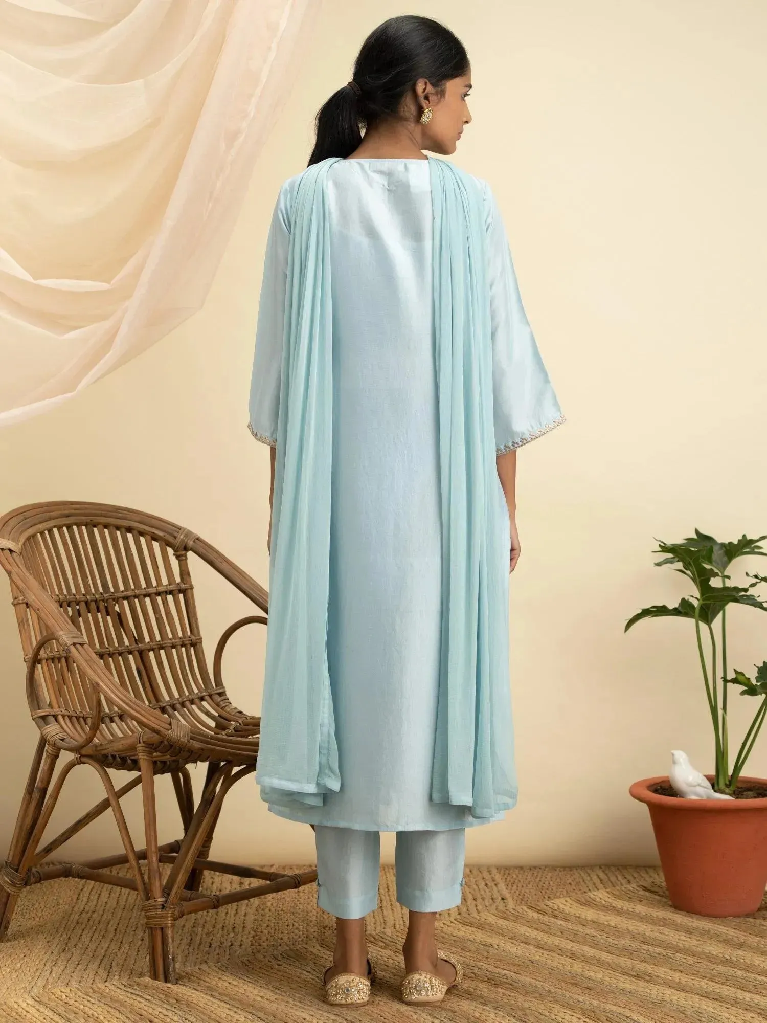 Blue Embroidered Silk Straight Kurta With Dupatta