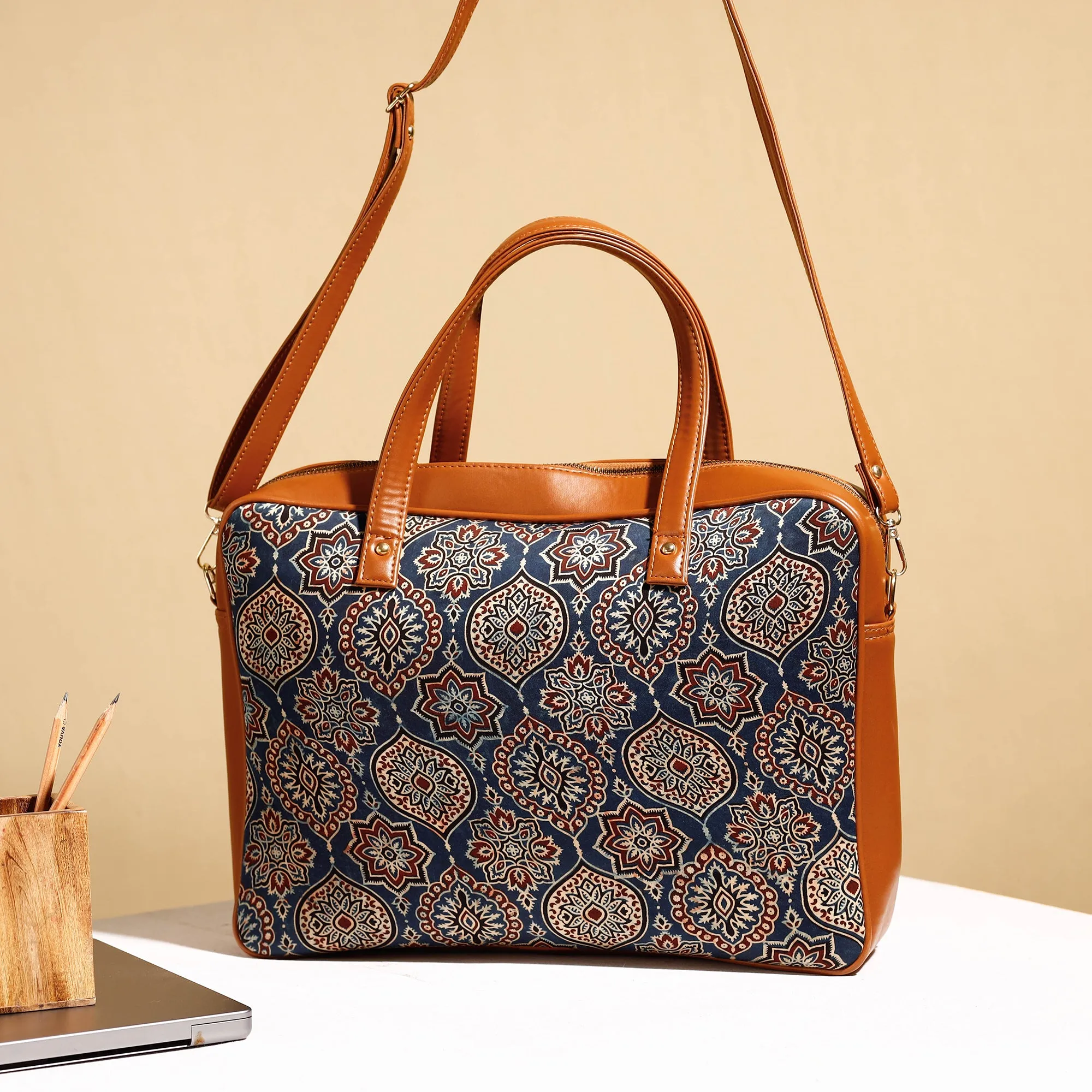 Blue - Handcrafted Ajrakh Block Printed Modal Silk Laptop Bag (15 x 13 in)