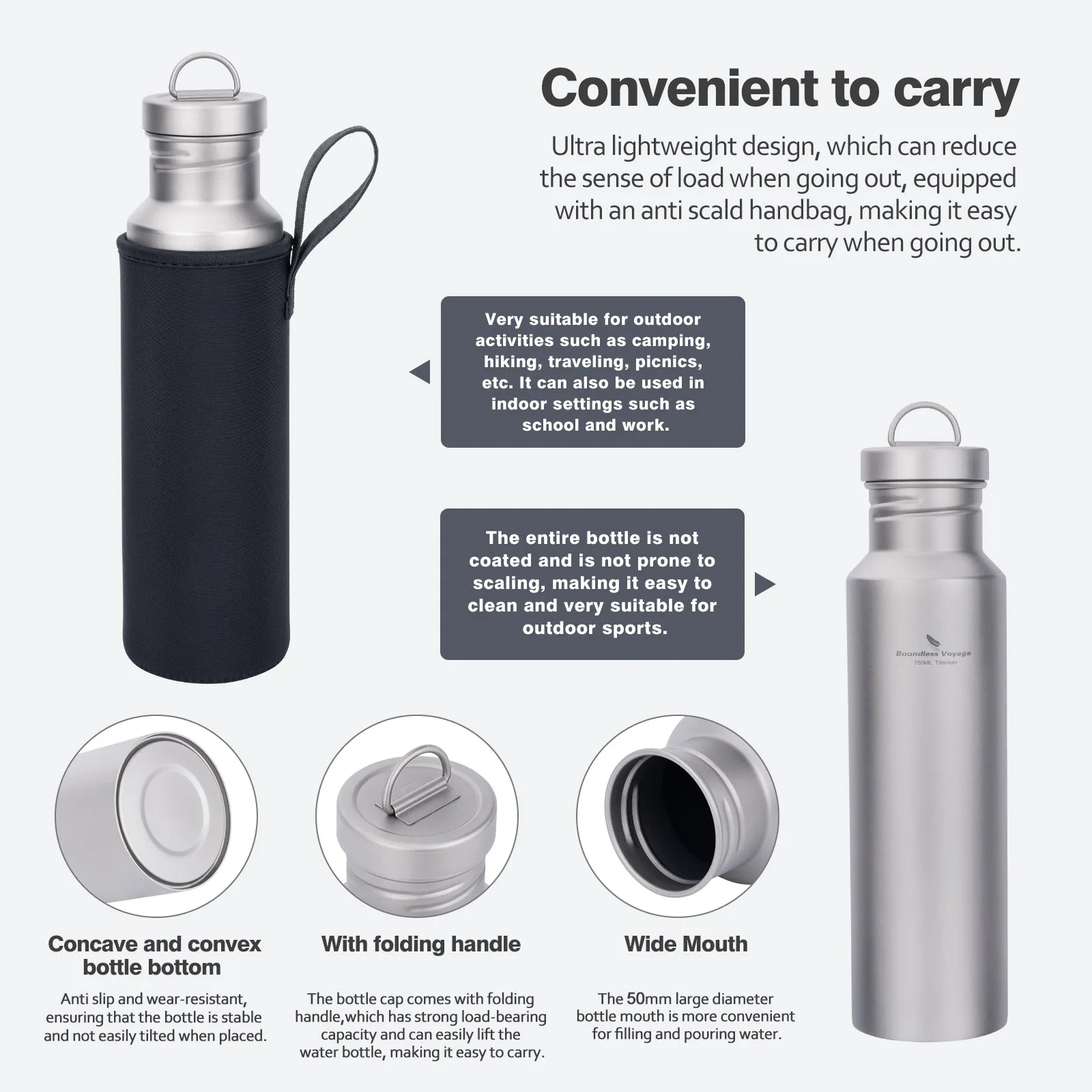 Boundless Voyage Titanium Water Bottle with Lid Wide Mouth Leak-Proof Reusable Sport Drinking Bottle for Camping  Picnic Tea Coffee