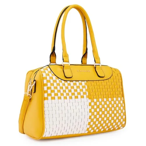 Caprese Aria Satchel, Medium Dual Colored-Mustard | Chic & Stylish Woven Handbag for Women with Secure Top Zip | Perfect for Office & Daily Essentials