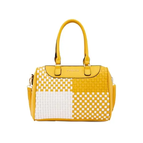 Caprese Aria Satchel, Medium Dual Colored-Mustard | Chic & Stylish Woven Handbag for Women with Secure Top Zip | Perfect for Office & Daily Essentials