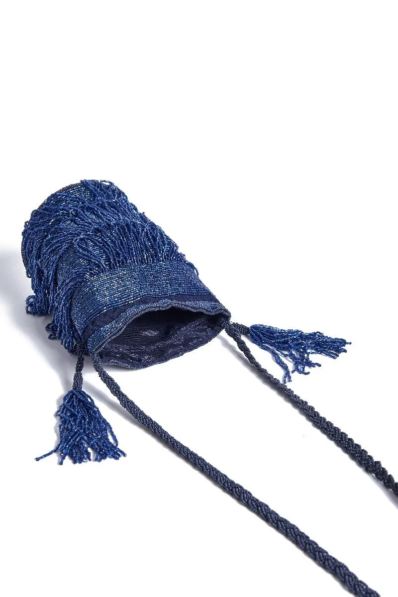 Channel Hand Embellished Fringe Bucket Bag in Navy