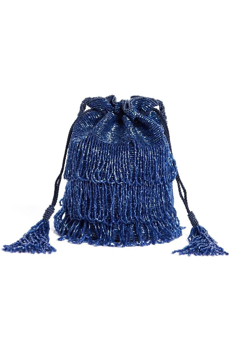 Channel Hand Embellished Fringe Bucket Bag in Navy