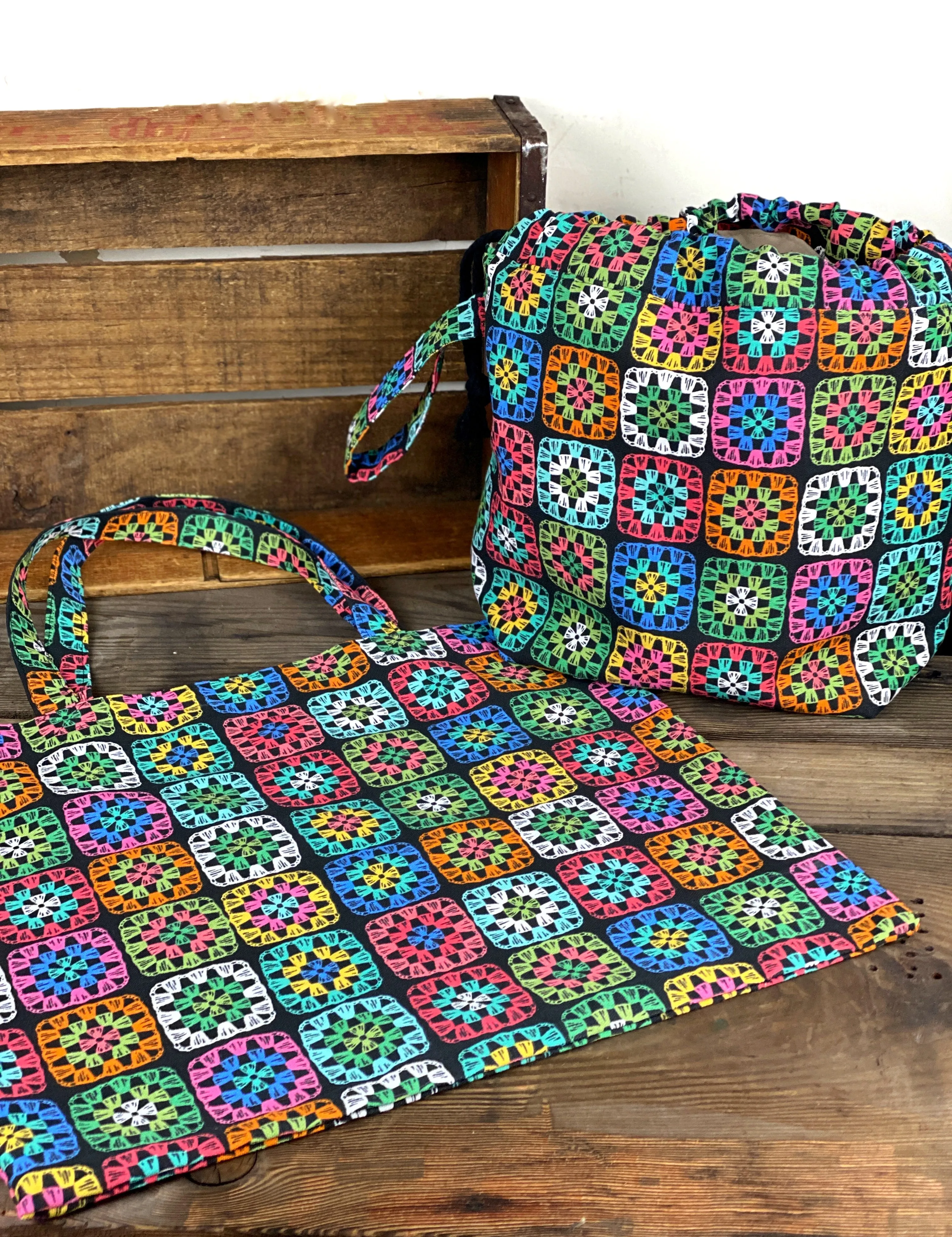 Crochet Granny Square Canvas Project or Tote Bag, Crocheting Project Bag, Utility Crochet Canvas Drawstring Knitting