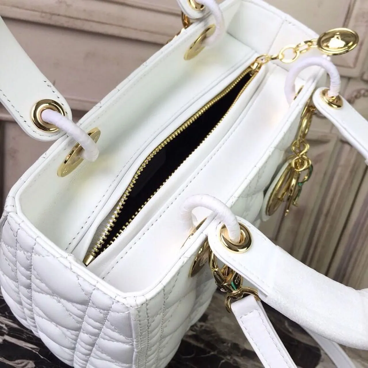 DI Medium Lady Bag Gold Toned Hardware White For Women 24cm/9in CD