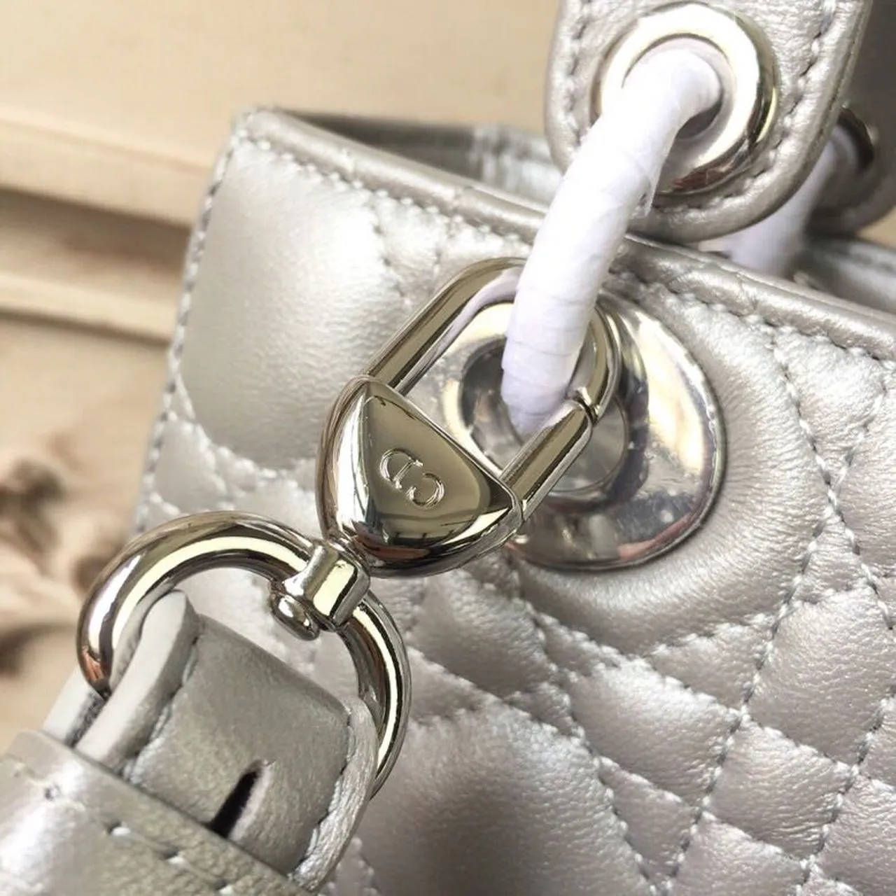 DI Small Opaline Gray Pearlescent Cannage Lady Bag Hardware Pearl Silver For Women 8in/20cm CD