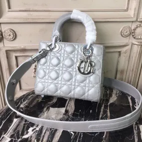 DI Small Opaline Gray Pearlescent Cannage Lady Bag Hardware Pearl Silver For Women 8in/20cm CD