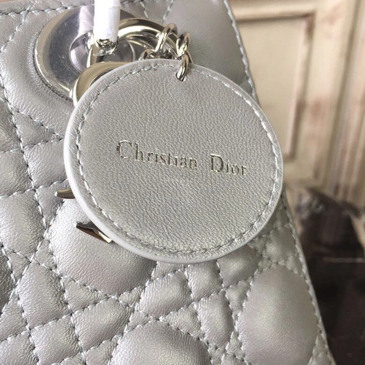 DI Small Opaline Gray Pearlescent Cannage Lady Bag Hardware Pearl Silver For Women 8in/20cm CD