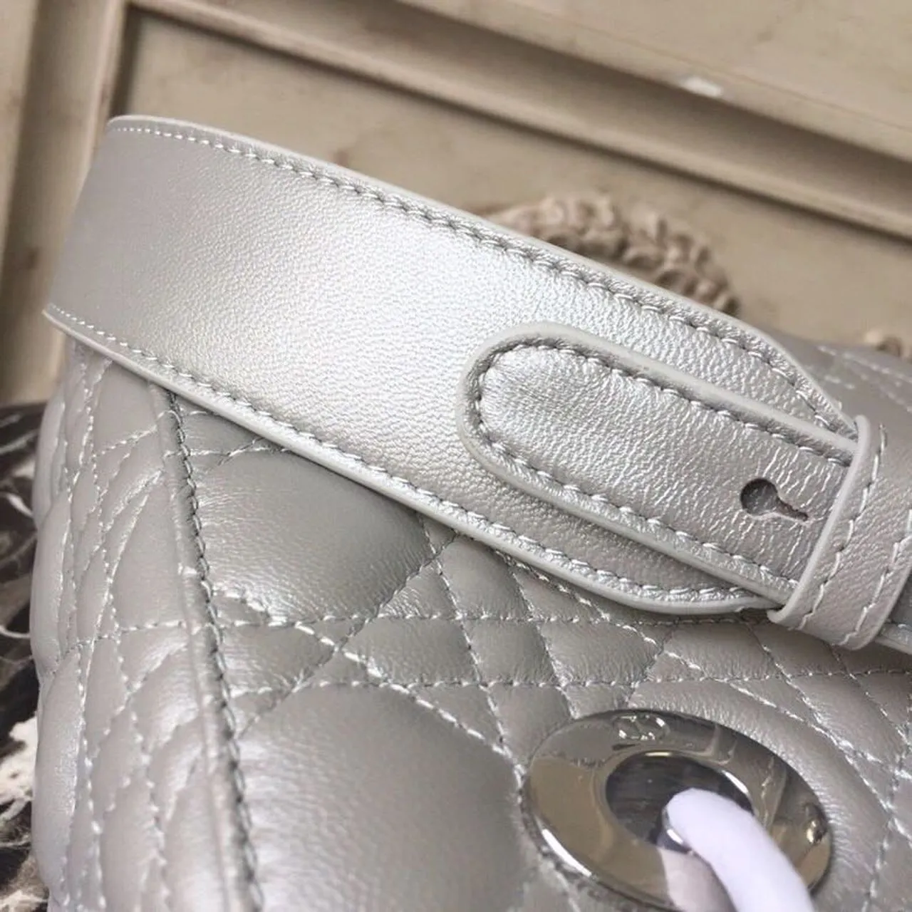 DI Small Opaline Gray Pearlescent Cannage Lady Bag Hardware Pearl Silver For Women 8in/20cm CD