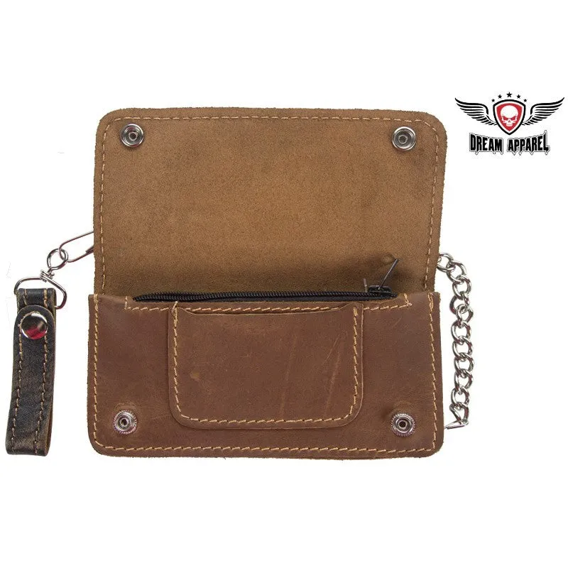 Distressed Brown Leather Bifold 6 Compartment Chain Wallet