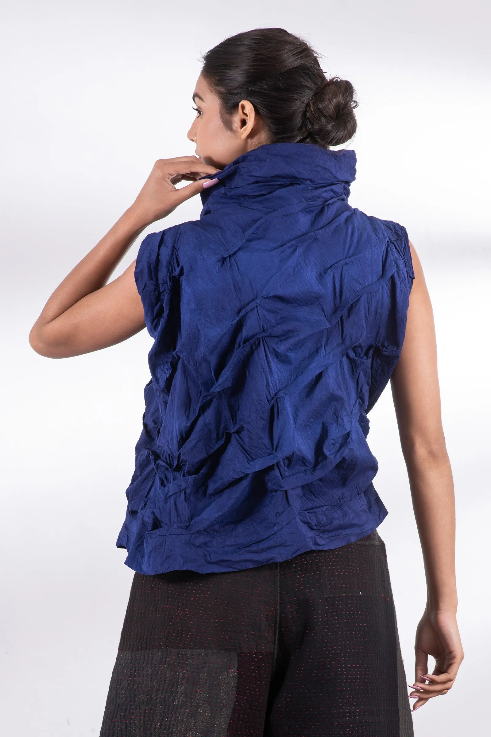 DYED COTTON SILK HEAVY VOILE WAVY TUCK SHELL TOP - dh1553-blu -