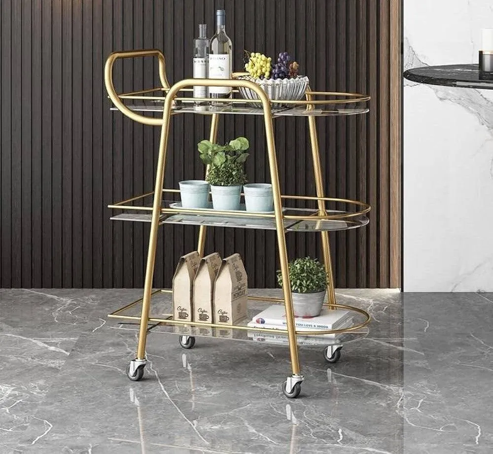 Elegant Three Tier Bar Cart Trolley with Clear Glass