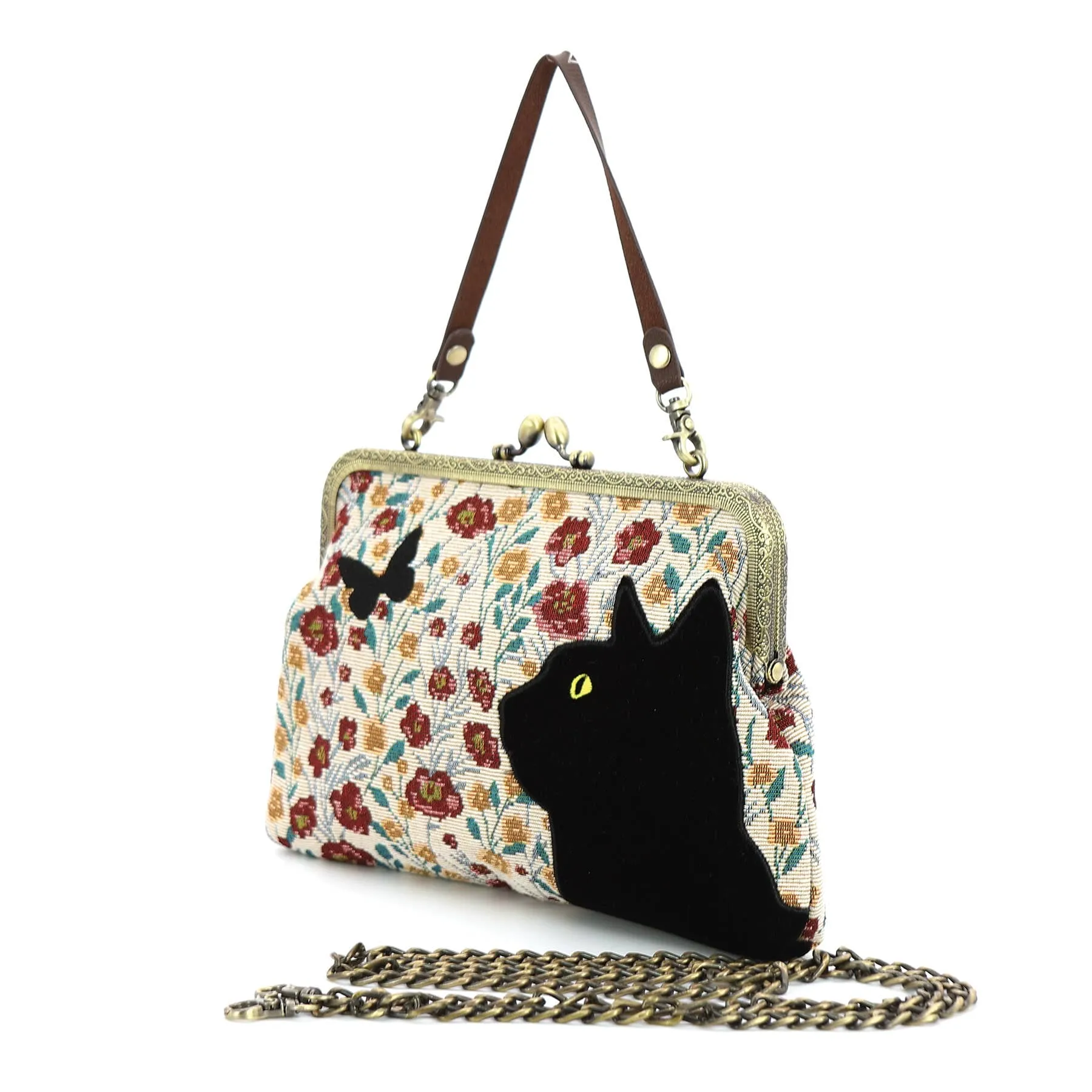 Floral Black Cat Kiss Lock Bag in Cotton Fabric