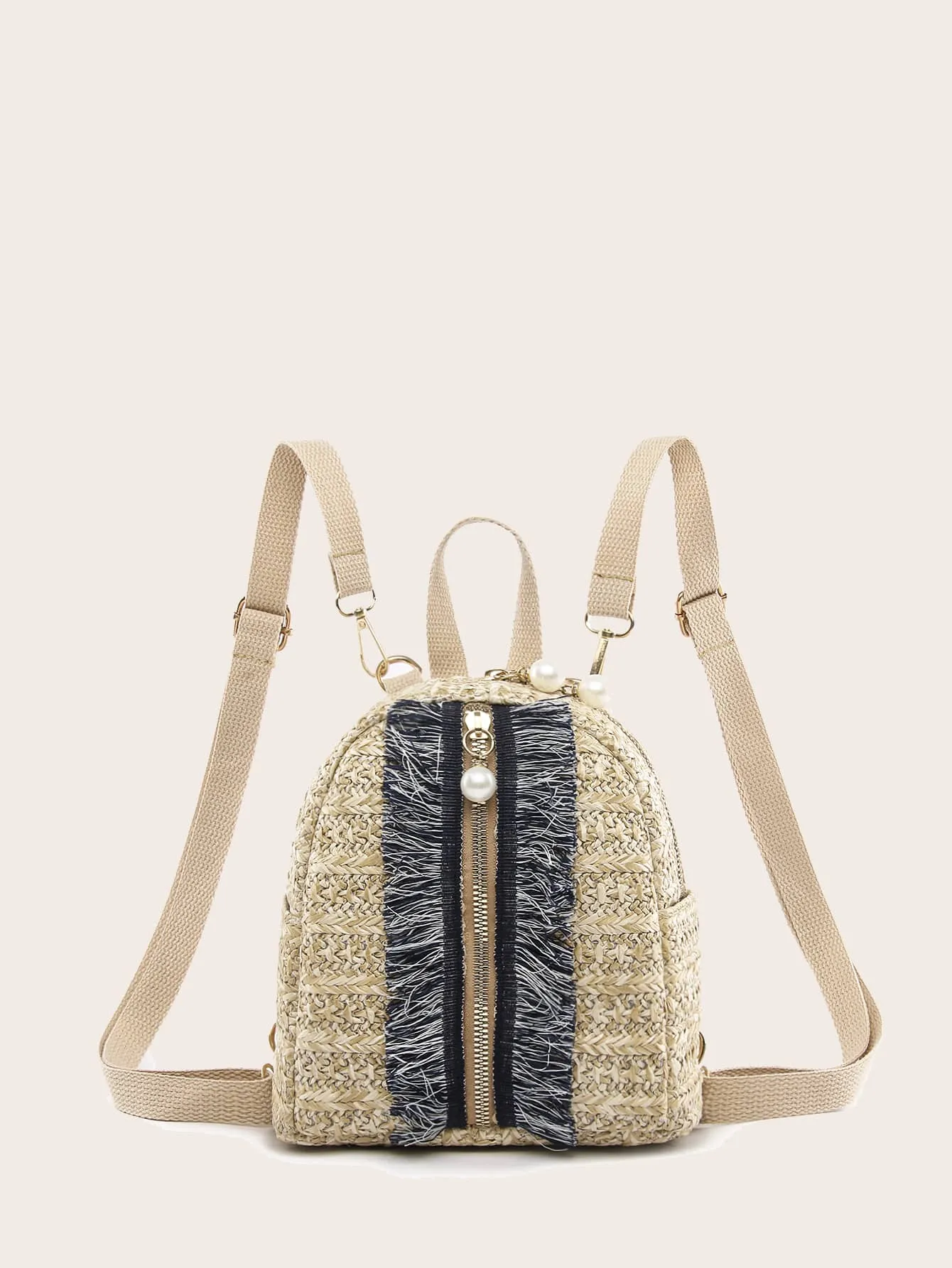 Fringe Trim Straw Backpack