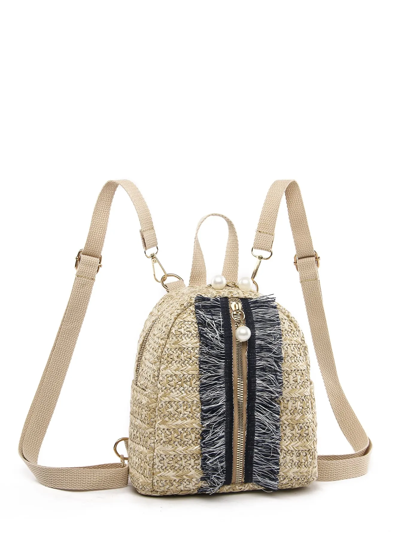 Fringe Trim Straw Backpack