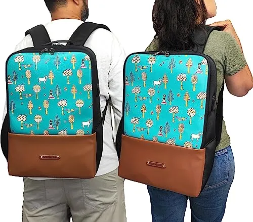 Funk For Hire Printed Leatherette 15.6" inch Laptop Backpack with USB Charging Port - Teal and Black