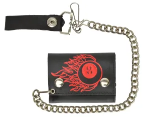 Genuine Leather Chain Trifold Wallet 8 Ball with Flames Imprint 946-32 (C)