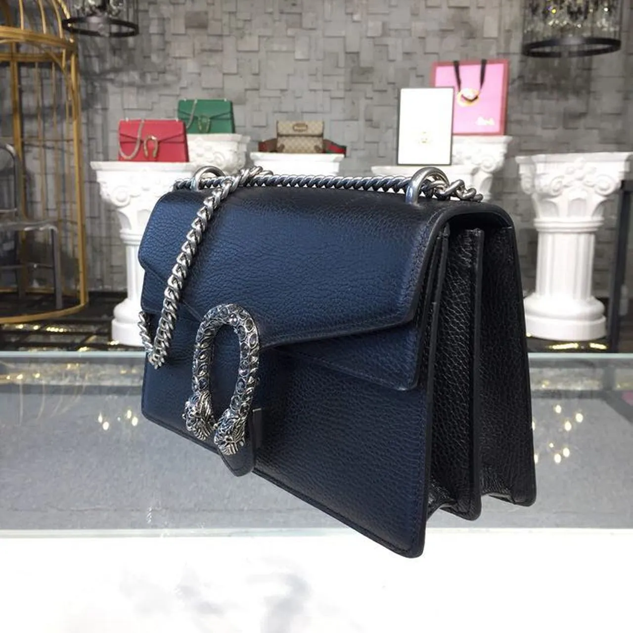 gg Dionysus Shoulder Bag Black Metal-Free Tanned For Women 11in/28cm gg 400249 CAOGN 8176