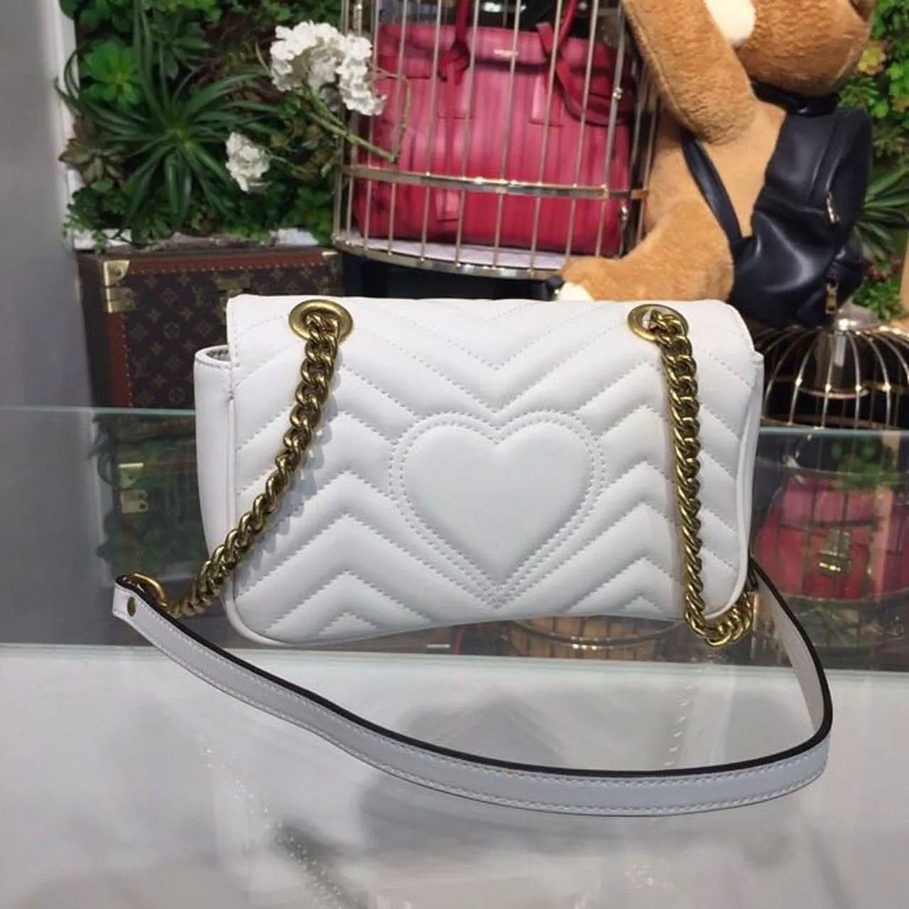 gg Marmont Matelassé Mini Bag White Matelassé Chevron For Women 8.5in/22cm gg 446744 DTDIT 9022